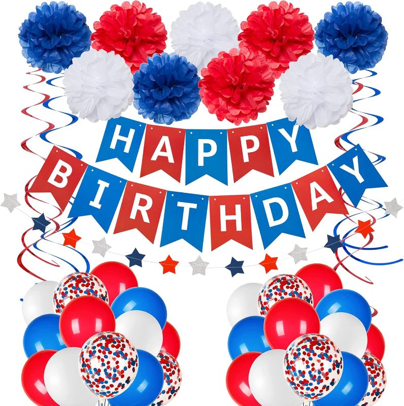 Photo 1 of Blue White and Red Birthday Decorations, Patriotic Party Supplies Kit for Men Women Boys Grils, Happy Birthday Banner Paper Pompoms Red Blue Confetti Balloons Star Streamer for 4th of July Baseball