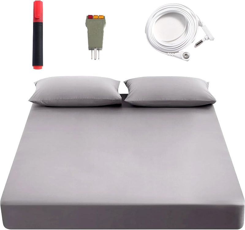 Photo 1 of grounding Sheets King 90% Organic Cotton+10% Pure Silver Fiber, Grounding Fitted Sheets with Grounding Cord,Pain Reliefand Helps Sleep- Earth Connected Bedding(Gray, King)