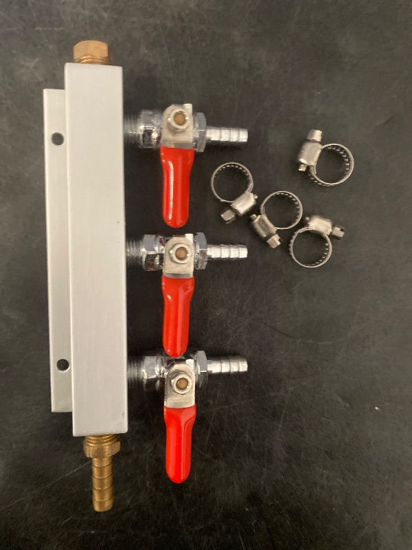 Photo 1 of Ferroday 3 Way CO2 Gas Manifold, 5/16" Barbed Fitting Beer Keg Line CO2 Gas Distributor Manifold For Home Brew, 3 Way CO2 Gas Splitter With Integrated Check Valves & Independent Shut Off & 4 Clamps