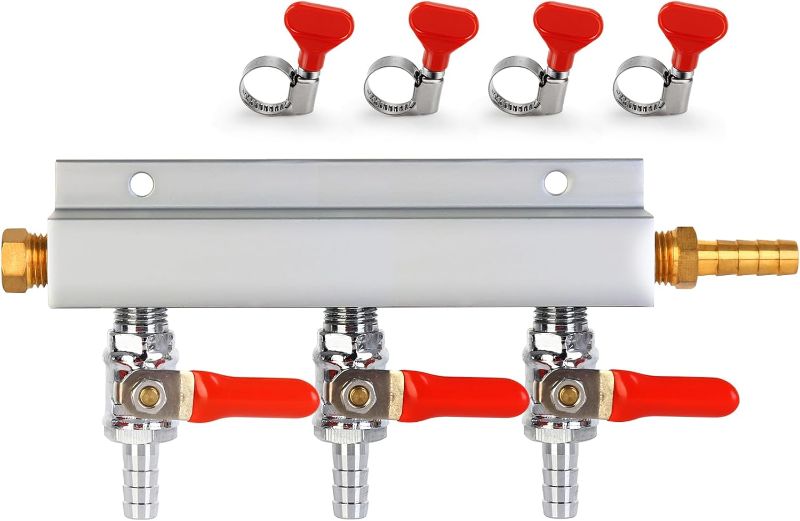 Photo 1 of Ferroday 3 Way CO2 Gas Manifold, 5/16" Barbed Fitting Beer Keg Line CO2 Gas Distributor Manifold For Home Brew, 3 Way CO2 Gas Splitter With Integrated Check Valves & Independent Shut Off & 4 Clamps