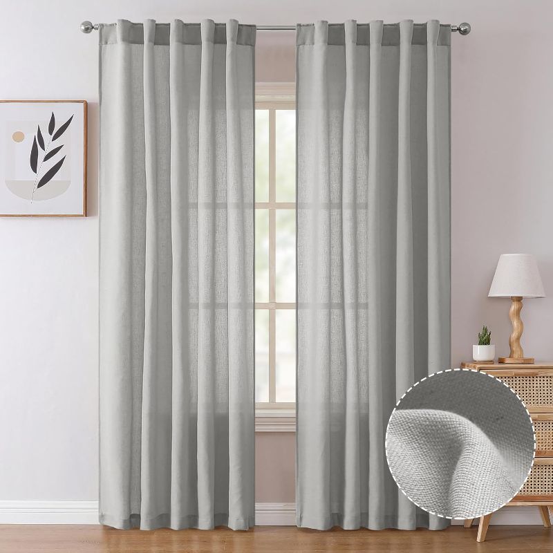 Photo 1 of Tollpiz Silver Grey Linen Cotton Curtains Back Tab Bedroom Semi Sheer Curtain Pocket Burlap Light Filtering Farmhouse Neutral Boho Drapes Living Room, 38 x 84 inches Long, 2 Panels