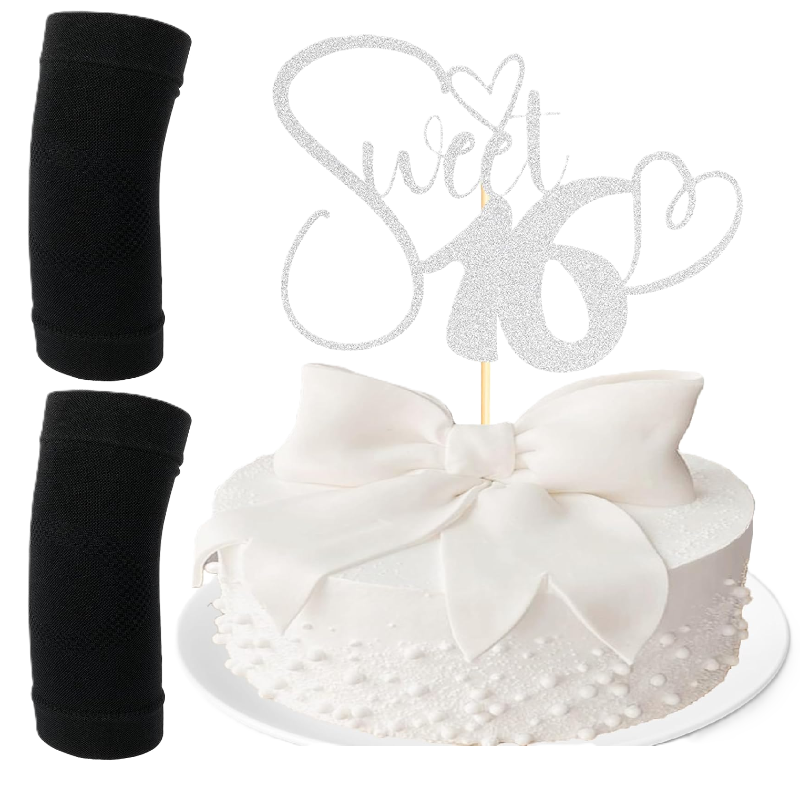 Photo 1 of 2 Item Mixed Lots Bundle | 1 pcs Silver Glitter Sweet 16 Cake Topper, Elbow Brace Compression Sleeve Nylon Tennis Golfers Elbow Joint Support Sports Protection Arm Support Sleeves Pain Relief Pads for Women Men (Black)
