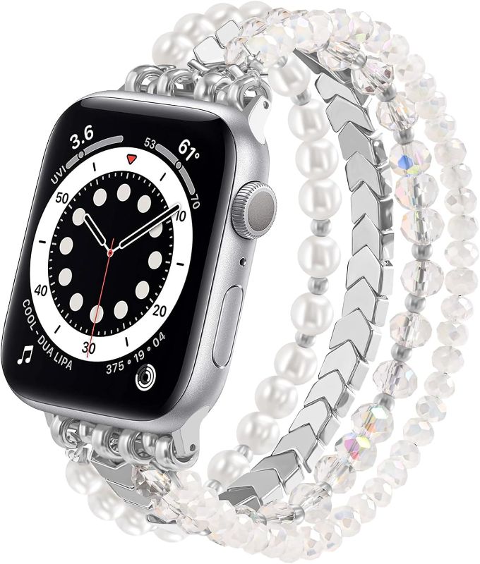 Photo 1 of MOFREE Beaded Bracelet Compatible with Apple Watch Band 38mm/40mm/41mm/42mm?Series 10? 9/8/7/SE/6/5/4/3/2/1 Women Fashion Handmade Elastic Stretch Strap for iWatch Bands Replacement