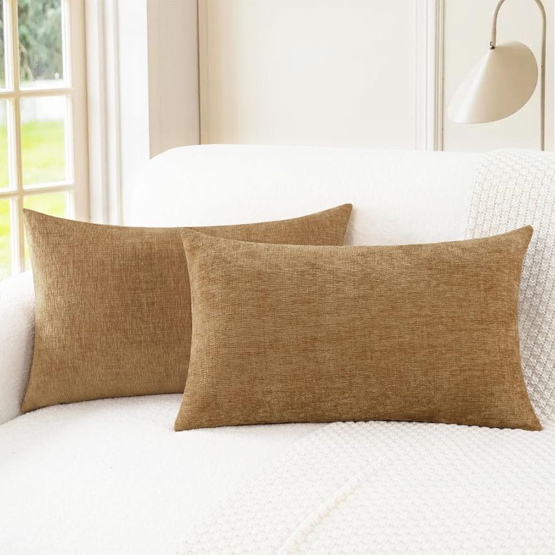 Photo 1 of Throw Pillow Covers Decorative 12 X 20 Inches Pack of 2 Cozy Chenille Cushion Cases for Couch Sofa Bed Living Room Home Apricot Brown