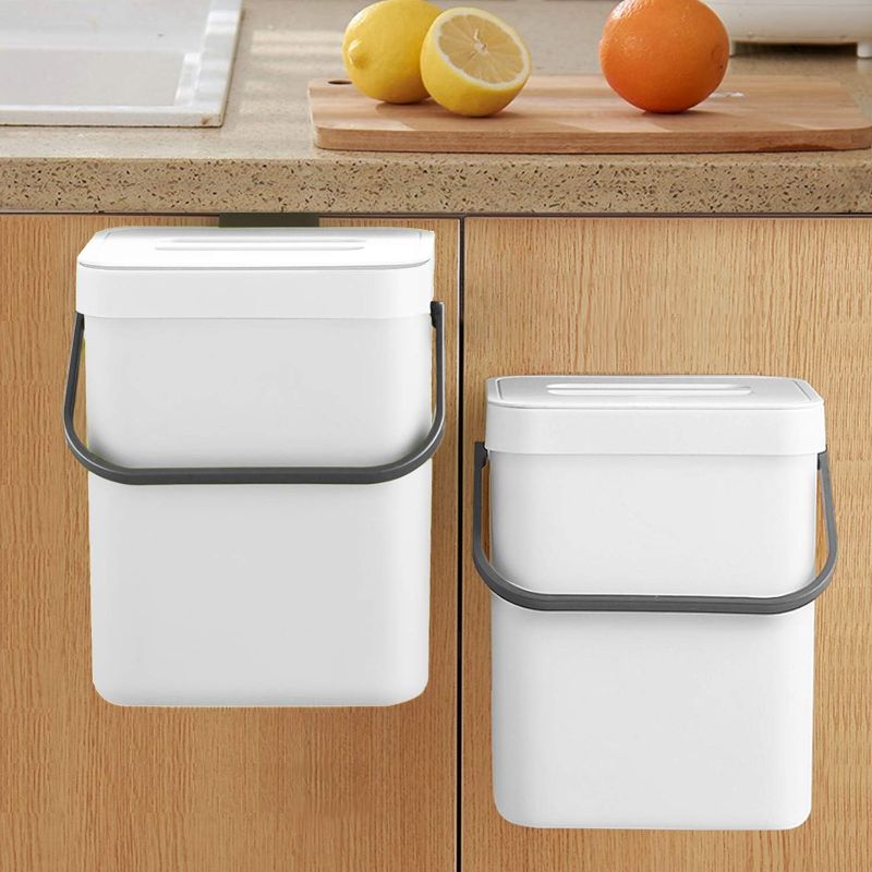 Photo 1 of Compost Bin Indoor Kitchen Sealed, Hanging Small Trash Can with Lid Under Sink for Kitchen, Food Waste Bin for Countertop, Mountable Garbage Can for Bathroom, RV, 5L/1.3 Gal, White