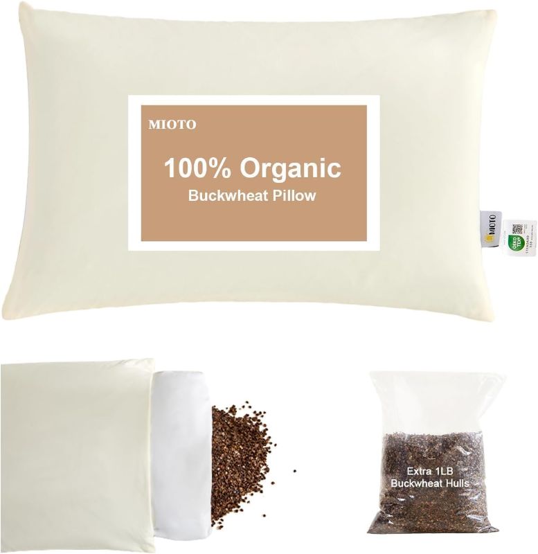 Photo 1 of Organic Buckwheat Pillow for Sleeping with Dual-Layer Pillowcase and Extra Tartary Buckwheat Hulls, Adjust Height and Firmness, Neck Support Pillow for Back and Side Sleepers 14"x20"