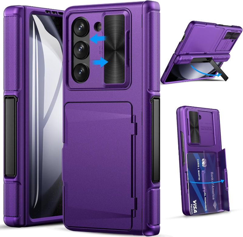 Photo 1 of Galaxy Z Fold 5 Case with Card Holder & Kickstand & Hinge Protection & Slide Camera Protection, Built-in Screen Protector, Full-Body Protective Phone Case for Samsung Z Fold5, Dark Purple