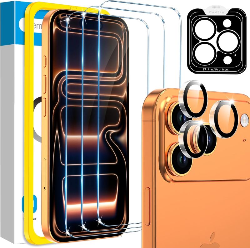 Photo 1 of Compatible for 3 Pack iPhone 17 Pro Max Screen Protector with 1 Set Camera Lens Protector, 2025 Upgrade 9H+ Premium Tempered Glass 17 Promax, Easy Installation Kits, 6.9 inch
