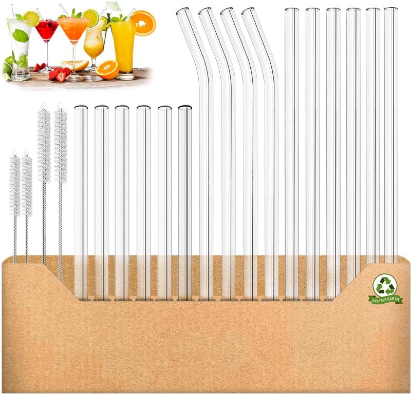 Photo 1 of Glass Straws Drinking Reusable 20 Pack,Size 8.5''x10MM, 8.5’’x8MM and 6''x10MM,Glass Straws Shatter Resistant Including 12 Straight and 4 Bent with 4 Brushes, Reusable Glass Straw for Cocktail,Juice
