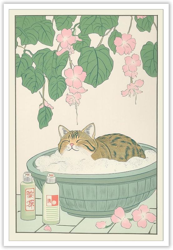 Photo 1 of Vintage Tabby Cat In Bathtub Posters Rustic Japanese Aesthetic Bathroom Canvas Wall Art Neutral Minimalist Cute Animal Relax Prints Painting For Home Bedroom Dorm Wall Decor 8x12in Unframed