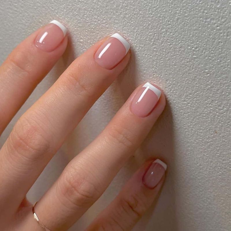 Photo 1 of Short Nude Nails Tips White French False Nails Square Press on Nails Full Cover Fake Nails for Women and Girls 24PCS