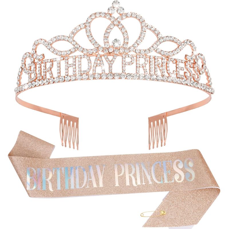 Photo 1 of Princess Crown & Sash - Birthday Tiara for Women & Girls - Decorations for Princess Birthday Gifts