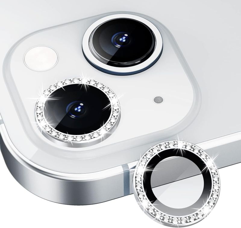 Photo 1 of Xfilm Bling Diamond Individual Camera Lens Protector for iPhone 13 / iPhone 13 Mini, HD Clear Tempered Glass Camera Lens Screen Protection Cover, Case Friendly, Scratch Proof (Silver)