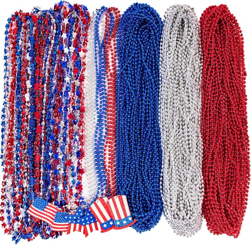 Photo 1 of 100PCS 4th of July Accessories Necklaces: Blue White and Red Beads Bulk, Patriotic Party Independence Memorial Day Favors Toys Decorations