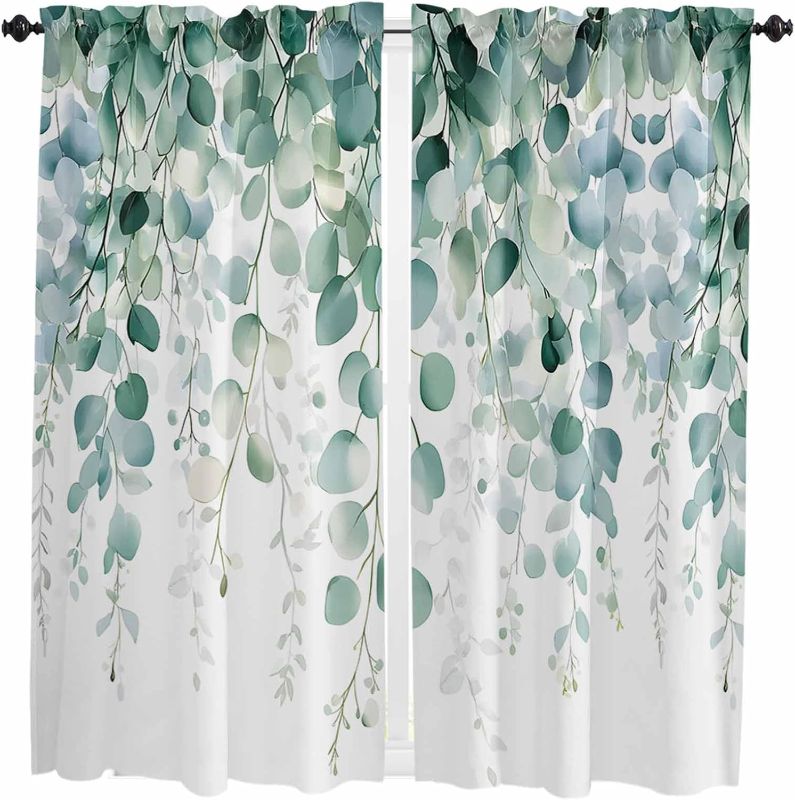 Photo 1 of Eucalyptus Leaves Kitchen Curtains, Green Botanical Summer Spring Leaves Light Filtering Window Curtain Panels, 2Pcs Rod Pocket Window Treatments Set for Living Room Bathroom Bedroom 42x63 Inches