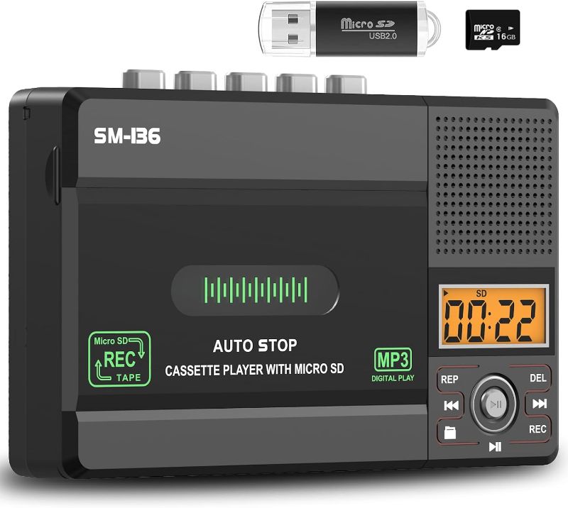 Photo 1 of Small Cassette Tape Player, USB C or SD Card Audio Cassette to MP3 Digital Converter, Record to Cassette/Computer/SD Card via Mic, Loud Speaker, Headphone Jack, 16GB SD Card for Type I Tapes