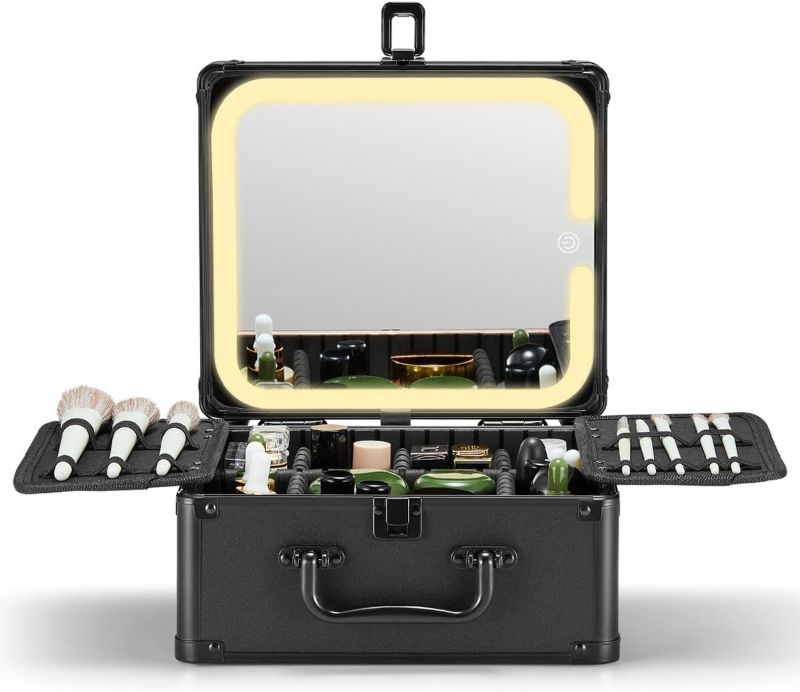 Photo 1 of Makeup Box with A Detachable Lighted Mirror, Waterproof Travel Train Case, Cosmetic Organizer and Makeup Suitcase with Adjustable Dividers, Magnetic LED Mirror (Black)