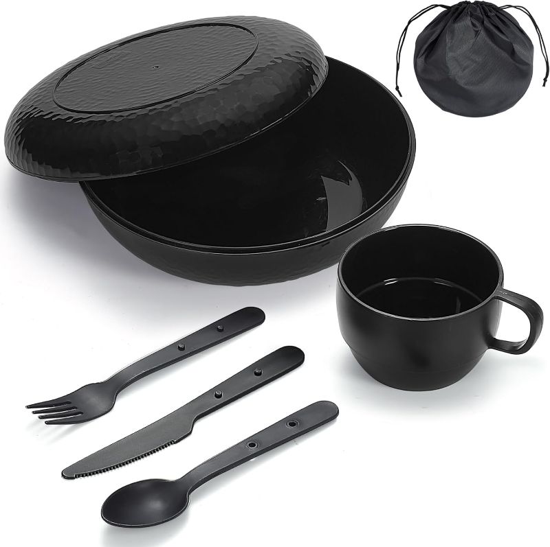 Photo 1 of Camping Mess Kit with Bowl, Plate, Cup, Spoon, Fork, Knife and Carry Bag, Plastic Camping Accessories Essentials Gear for Travel, Camping, Picnic, Outdoor, Easy to Carry & Store