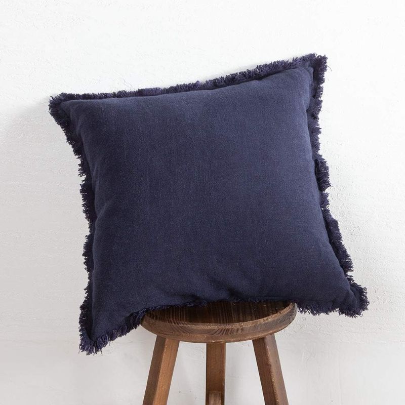 Photo 1 of 2 Pack Linen Pillow Cover with Fringes Soft Solid Cushion Cover 20 x 20 Decorative Throw Pillow Cover for Couch Sofa Bed and Outdoor Navy Blue Pillow Cover