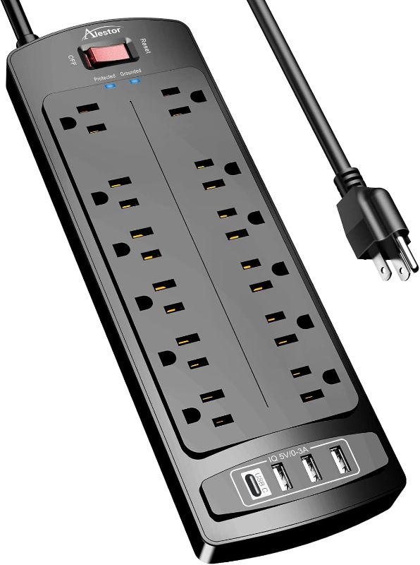 Photo 1 of Power Strip, ALESTOR Surge Protector with 12 Outlets and 4 USB Ports, 6 Feet Extension Cord (1875W/15A), 2700 Joules, ETL Listed, Black