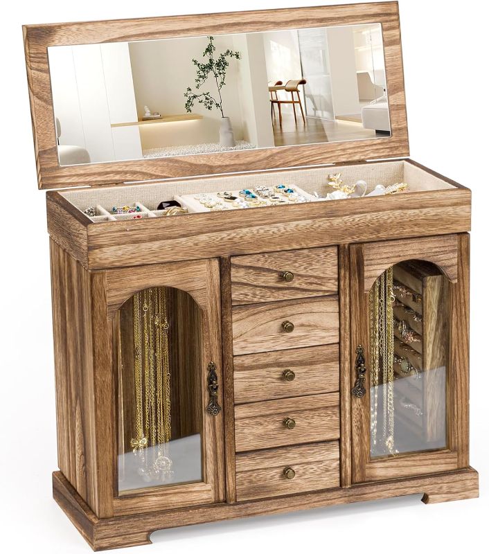 Photo 1 of Miratino Jewelry Box for Women Girls, Rustic Wooden Jewelry Organizer Box with Mirror, 5 Layer Jewelry Storage Case Display for Necklaces Earrings Rings Bracelets Valentine's Day Gifts
