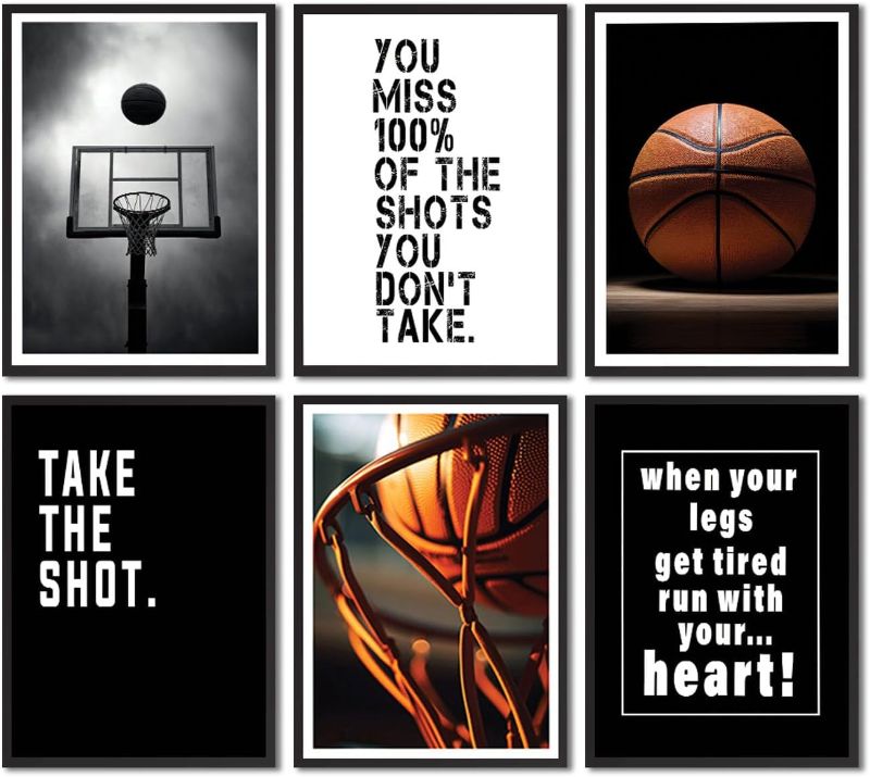 Photo 1 of 6Pcs Basketball Canvas Wall Art Inspirational Sport Theme Painting Picture Wall Decor Black White Basketball Motivational Quotes Poster Print Artwork for Teen Boys Kids Room Decor (poster, 8x10in)