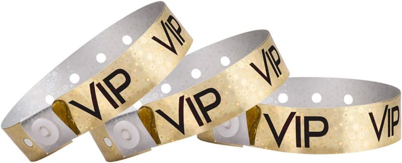 Photo 1 of 100 WristCo Premium Holographic Gold VIP Plastic Secure Snap Wristbands - 5/8" x 10" - Waterproof, Durable, Tearproof, Wrist Bands Used at Waterparks Concerts Conferences for Security Admission