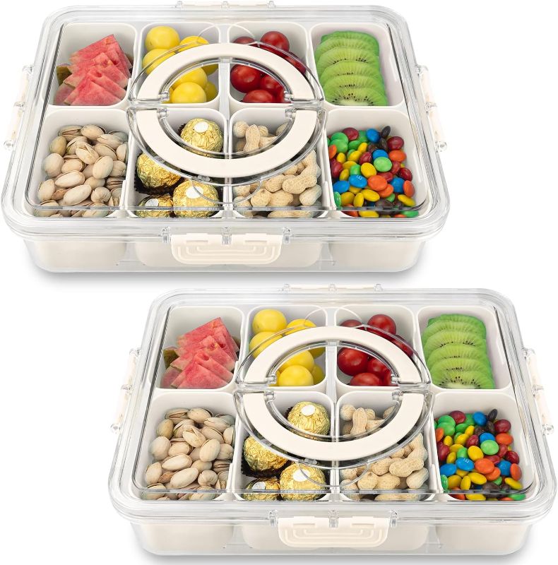 Photo 1 of Divided Serving Tray with Lid and Handle,8 Compartments Snacks Box,Snack Fruit Tray,Veggie Tray,Portable Platter for Candy Fruits Nuts Snack Party Entertaining Picnic(2 PCS)