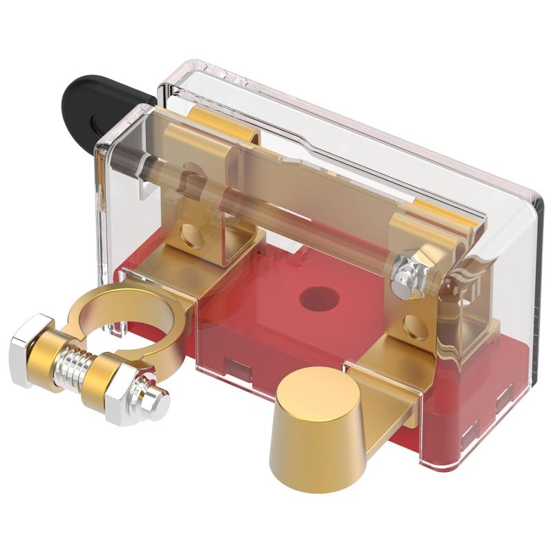 Photo 1 of Battery Disconnect Switch, 12/24V 250A Top Post Master Knife Blade Switch/w Crystal Clear Protective Case for Car Vehicle RV and Boat (RED, Negative, Vertical)