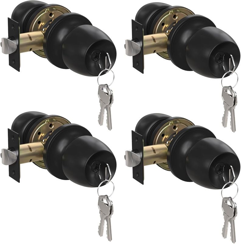 Photo 1 of Keyed Entry Door Knob with Lock and Key, Round Ball Locking Door Knob, Interior and Exterior Door Lock Set for Bedrooms, Bathrooms and Home Use, Matte Black, 4 Pack