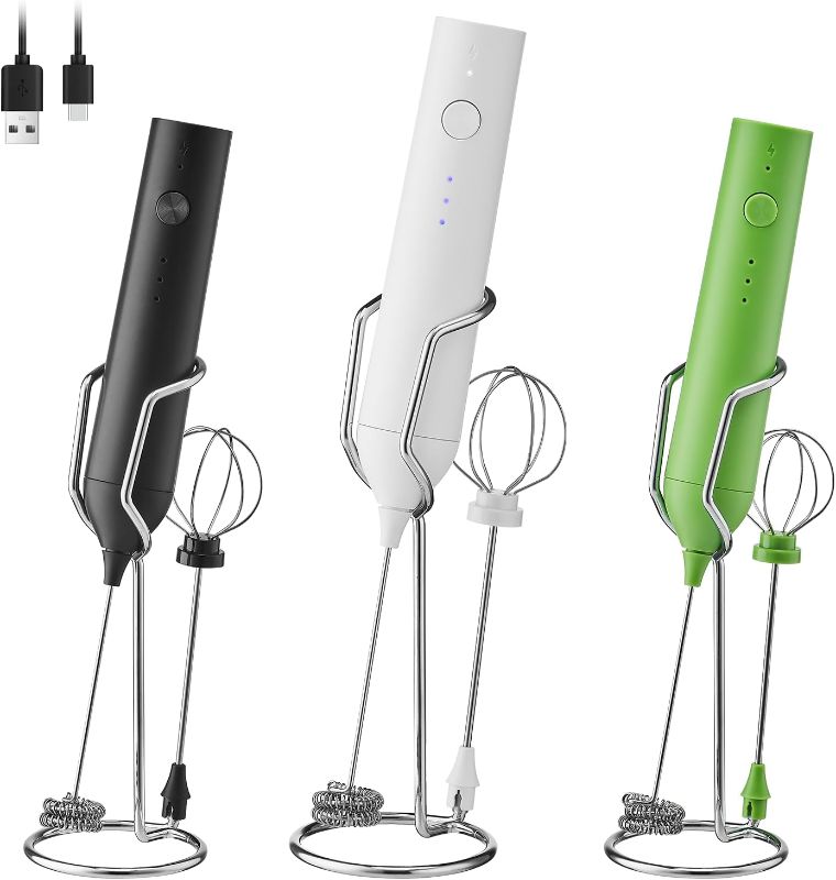 Photo 1 of Powerful Electric Milk Frother Set, Rechargeable Drink Blender with Wand and Egg Whisk, Foam Maker Mixer, Milk Frother Handled for Coffee, Latte, Matcha, Protein Powder (White with Stand)