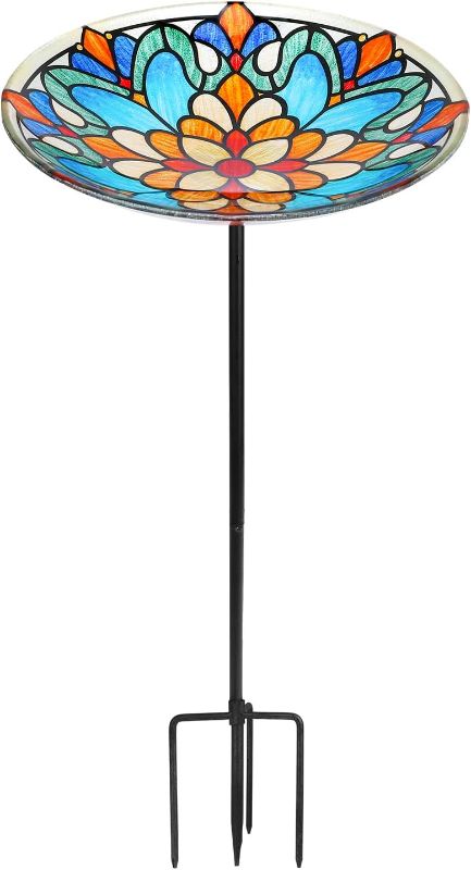 Photo 1 of Glass Bird Baths for Outdoors, Garden Birdbaths Birdfeeder 10" Dia Bowl with Metal Stake for Lawn Yard Decor, 24 Inch Height, Flower