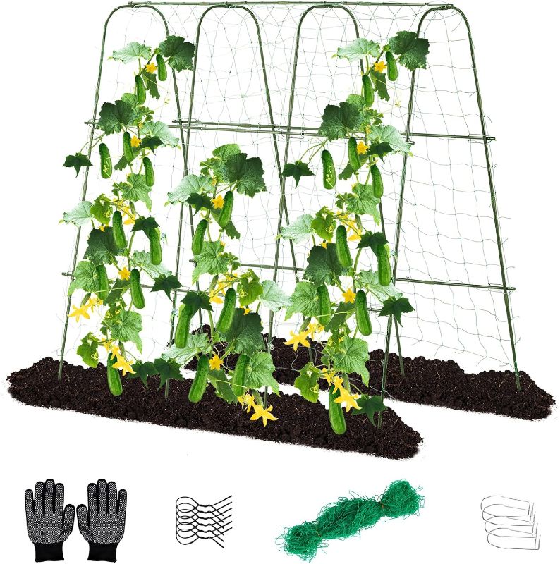 Photo 1 of Cucumber Trellis, 65" X 65" Metal Garden Arch Trellis Climbing Plant Outdoor Support for Vine Fruits Flowers Vegetables Peas Beans Squash Cucumber Tomato Raised Bed, with Netting, Lightweight