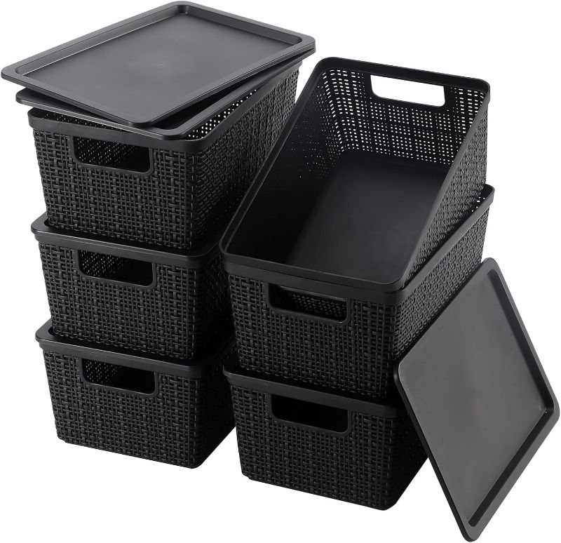 Photo 1 of 6 Pack Plastic Storage Baskets With Lids,Black Breathable Stackable Storage Bins,Small Storage Containers,for Organizing Storage Baskets on Desktops,Closets,Playrooms,Classrooms,Offices