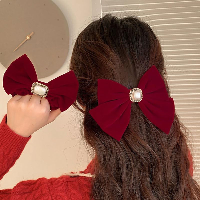 Photo 1 of 2 PCS Red Velvet Hair Bows Red Hair Ribbon Clips Hair Ties Hair Bands Elastic Srunchies Ponytail Holder Hair Accessories for Women Girls