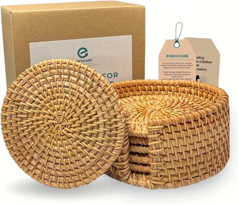 Photo 1 of Handmade Natural Rattan Coasters for Drinks, Wicker Boho Woven Coasters Set of 6 with Holder | Heat Resistant Reusable Saucers, Round Straw Trivet for Teacup