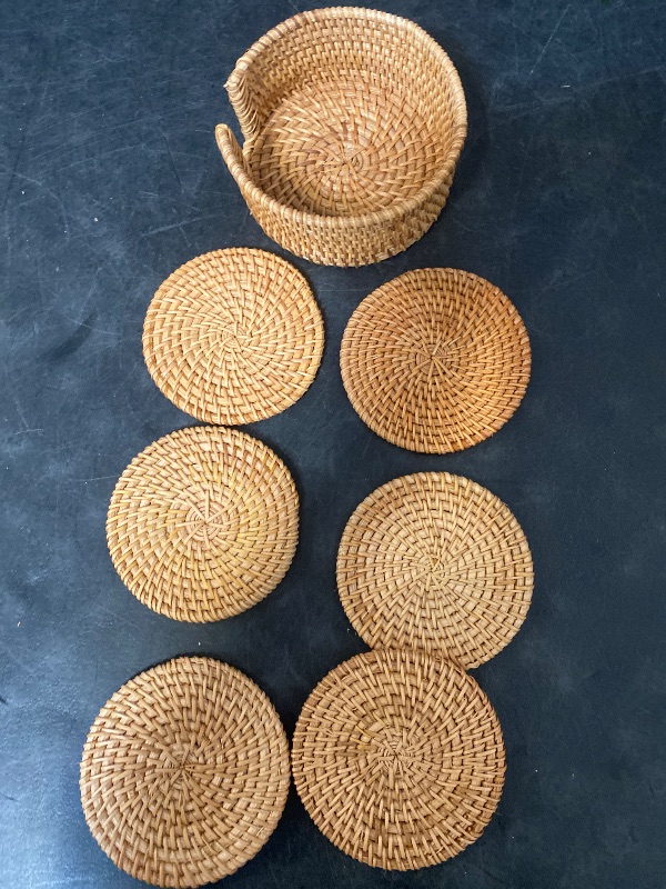 Photo 1 of Handmade Natural Rattan Coasters for Drinks, Wicker Boho Woven Coasters Set of 6 with Holder | Heat Resistant Reusable Saucers, Round Straw Trivet for Teacup