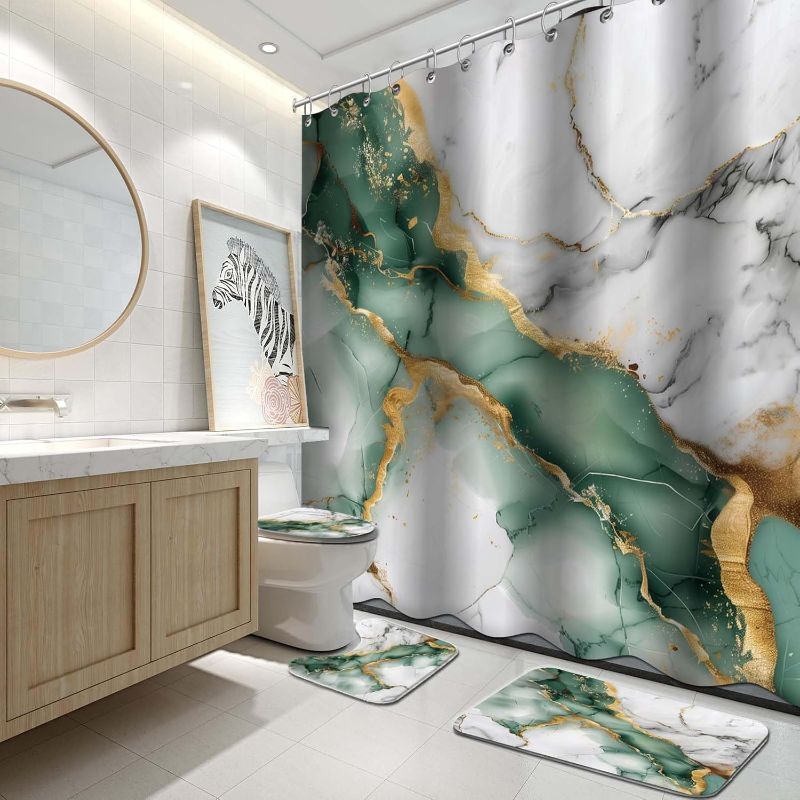 Photo 1 of 4Pcs Bathroom Sets with Shower Curtain and Rugs, Marble Bathroom Shower Curtain Sets, Green Grey Gold Modern Art Bathroom Sets with Rugs and Accessories