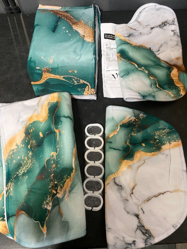 Photo 1 of 4Pcs Bathroom Sets with Shower Curtain and Rugs, Marble Bathroom Shower Curtain Sets, Green Grey Gold Modern Art Bathroom Sets with Rugs and Accessories