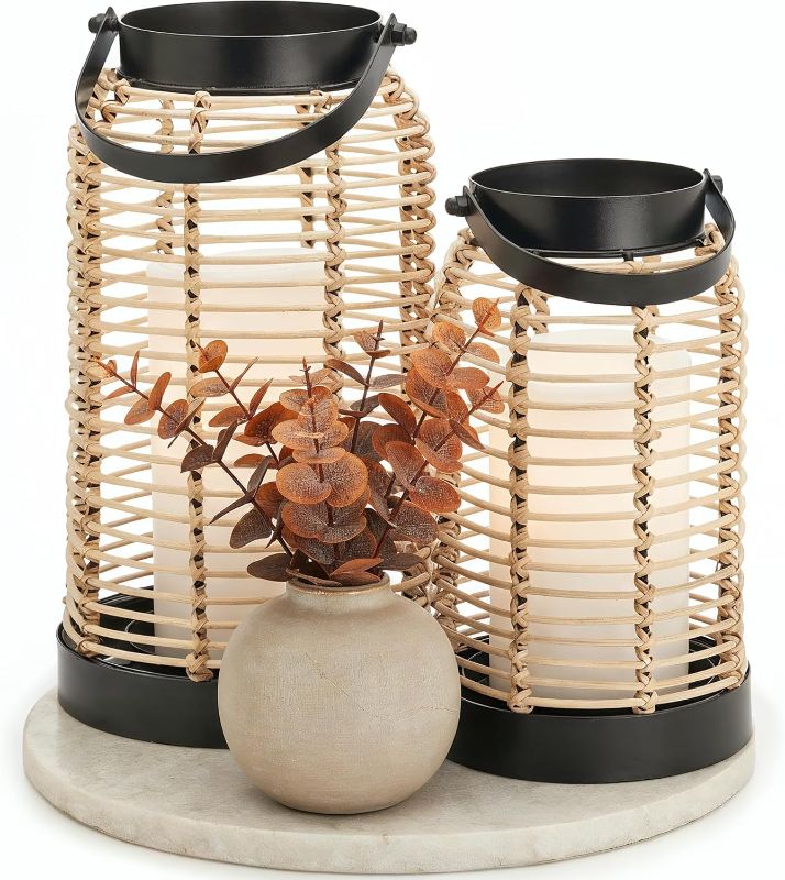 Photo 1 of Natural Rattan Boho Lanterns - Handcrafted Chic Decor to Enhance Your Home - Modern Farmhouse Beauty Perfect for Any Living Room, Patio & Porch, Indoor and Outdoor Coffee Table or Kitchen Dining Table