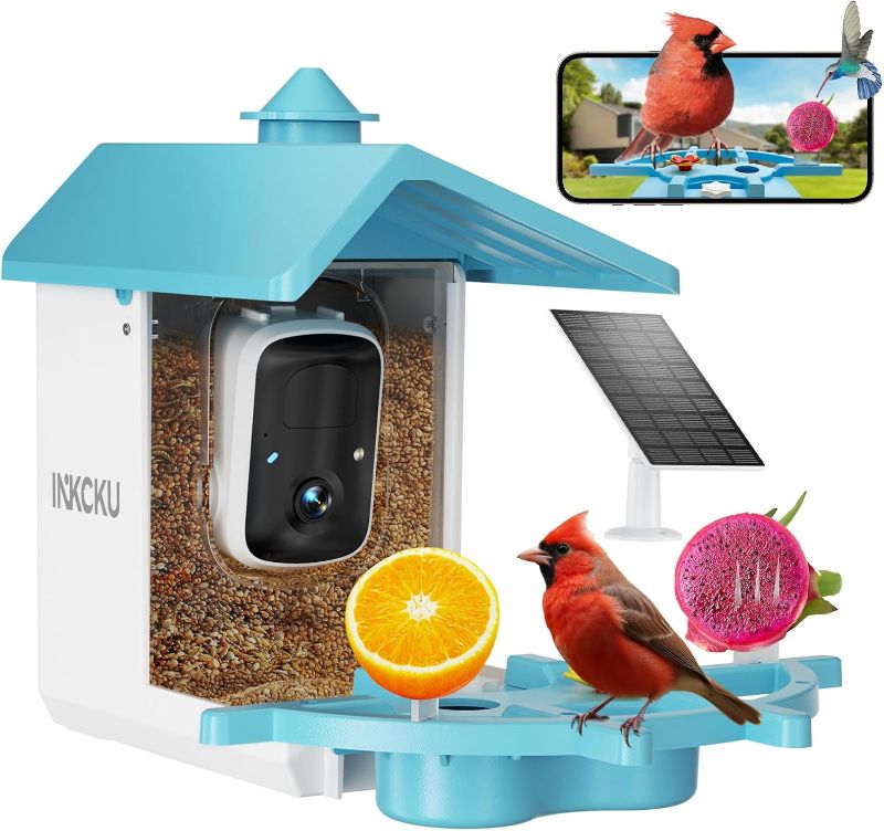 Photo 1 of Bird Feeder with Camera for Outdoors, INKCKU 2K Solar Powered Bird Watching Camera, AI Identify Birds Species, Auto Capture Videos, Instant Arrival Alerts, Garden Decor, Gift for Mom Dad, Blue