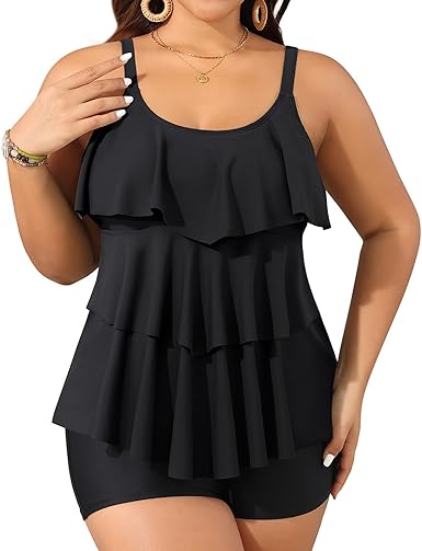 Photo 1 of 20W Yonique Women's Plus Size Tankini Swimsuits with Shorts Two Piece Bathing Suits Ruffle Swimsuits Tummy Control Black