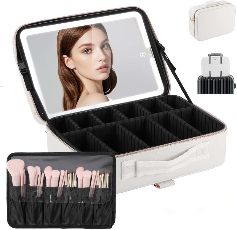 Photo 1 of 15''X11'' Large Travel Makeup Bag with LED Mirror, Professional Cosmetic Train Bag for Makeup Artist with 3 Color Light, Vanity Light up Makeup Case Organizer, Brush Holder&Detachable Strap