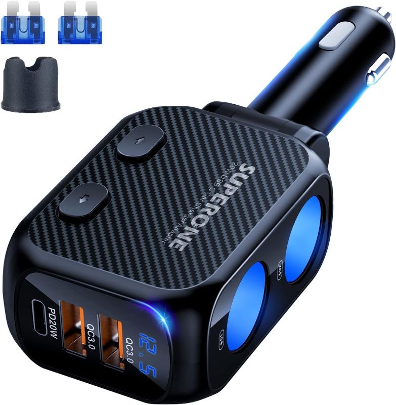 Photo 1 of SUPERONE 180W Cigarette Lighter Splitter with 20W PD, 2-Socket Cigarette Lighter Adapter, Fast USB C Car Charger with Type-C 20W PD & QC 3.0 for Dash Cam, GPS, iPad/Laptop/iPhone 17/16/15/14/Samsung