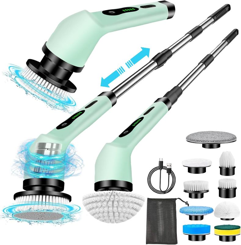 Photo 1 of Electric Spin Scrubber 2024 Upgraded Adjustable Cordless Power Bathroom Scrubber 9 Brush Heads IPX7 Extension Arm 2 Speeds 120mins Work Time for Cleaning Shower Bathroom, Kitchen, Tub, Floor and Tile