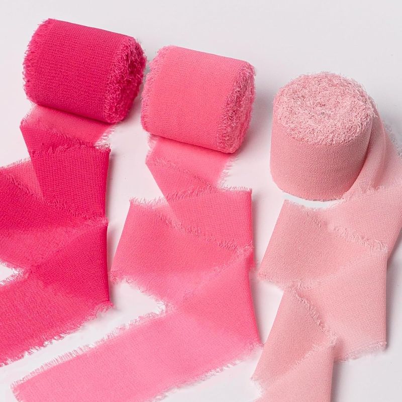 Photo 1 of Chiffon Ribbon, Hot Pink Pastel Pink 1.5''x21Yd Frayed Fringe Silk Ribbons for Gift Wrapping, Handmade Decor, Floral Vase, Wedding, Birthday, Engagement, Bridal Shower, Mother's Day, 3 Rolls