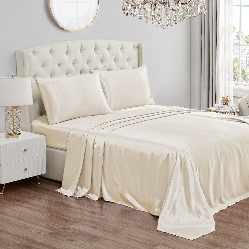 Photo 1 of Queen Size Satin Bed Sheet Set, Deep Pocket Twin XL Sheet Set with 1 Fitted Sheet, 1 Flat Sheet and 1 Pillow Case, Wrinkle Resistant and Anti Pilling Bed Sheets - Ivory