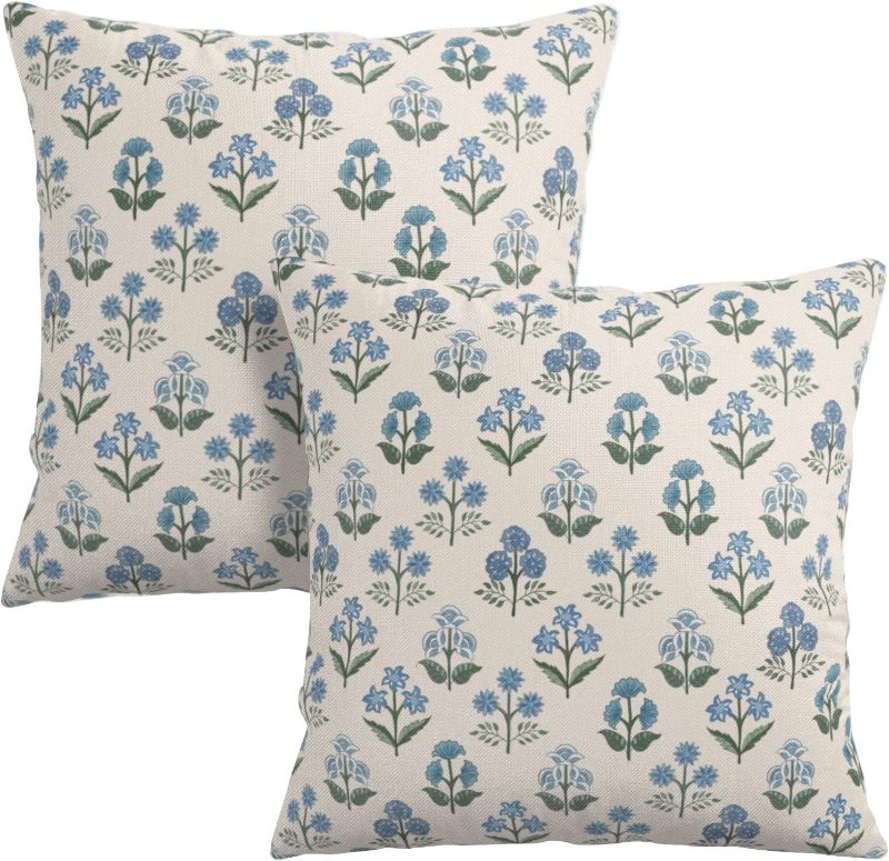 Photo 1 of Floral Pillow Covers 18x18 Set of 2 Blue Green Block Print Throw Pillow Cases Vintage Flower Pattern Pillowcases Spring Summer Rustic Outdoor Cushion Covers for Farmhouse Sofa Couch Decor