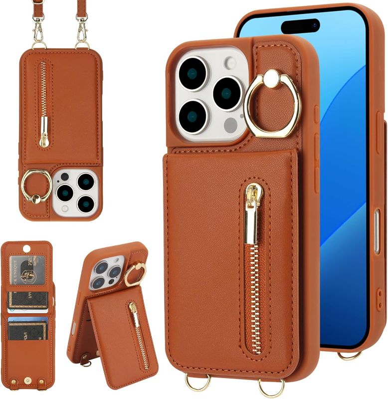 Photo 1 of Crossbody Wallet Case for iPhone 16 Pro Max with Lanyard Strap Card Slot Holder RFID Blocking Ring Kickstand,Magnetic Flip Folio Zipper Purse Case, PU Leather Cover Handbag,Brown
