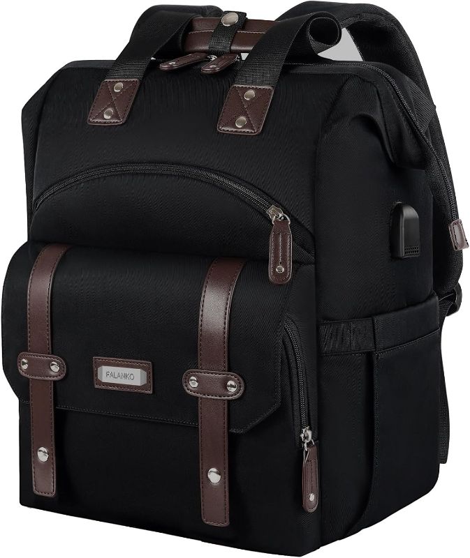 Photo 1 of FALANKO Laptop Backpack For Women, Work Doctor Teacher Nurse Wide Open College 15.6 Inch Laptops Backpack Purse with USB Charging Port, Travel Water Resistant RFID Computer Bag for Men Women Black